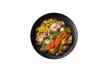 Fresh juicy salad with meat, mozzarella, carrots, lettuce, corn