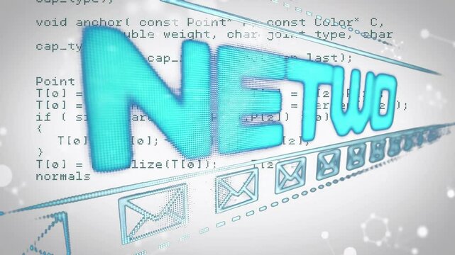 Network text animation over email icons and programming code