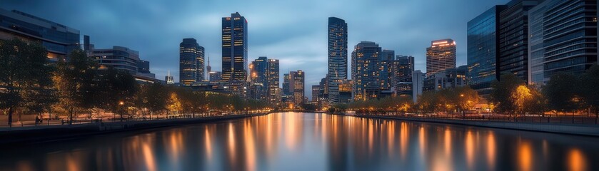 Obraz premium City skyline at dusk with glowing skyscrapers reflecting on a calm river, urban glowtime, serene and modern