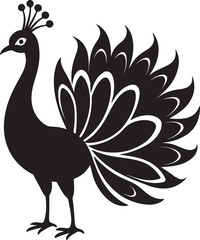Peacock Silhouette - Majestic Bird with Elaborate Peacock colourful Vector Design logo  Black and white silhouette peacock vector illustration. Silhouette illustration of a peacock Tail Display on Whi
