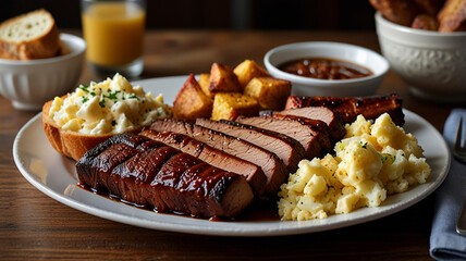 A Hearty Platter Of Bbq Brisket, Sausage, And Ribs, With Sides Of Potato Salad And Cornbread, Food Image