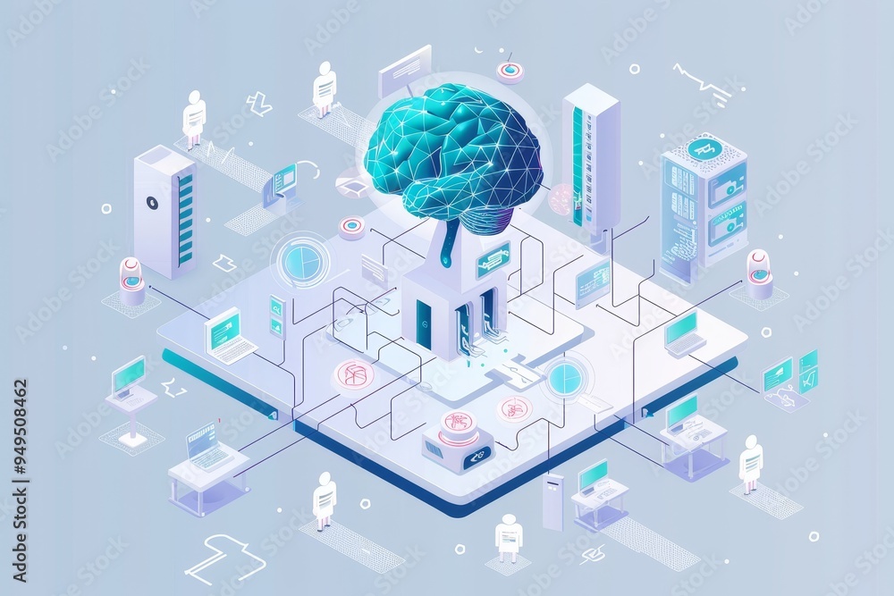 Poster a blue and white brain displayed in a room setting, show how artificial intelligence and machine lea