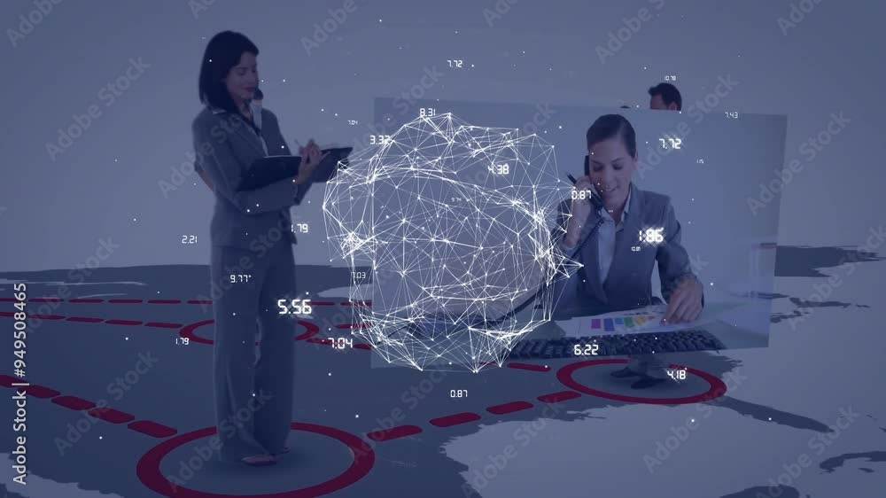 Poster network connections and data points animation over business people working on laptops