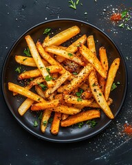 Top view of a plate of seasoned French fries, sprinkled with herbs and spices, ready to be enjoyed
