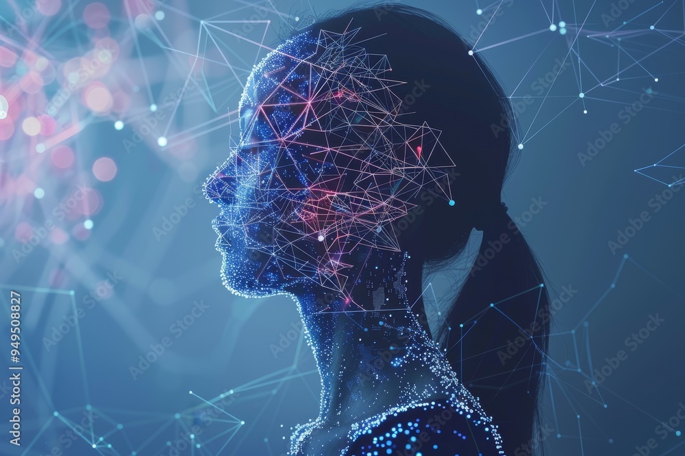 Poster close-up of a womans head showing intricate lines and dots drawn on the skin, show how artificial in