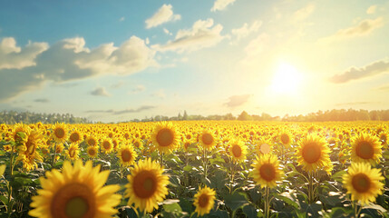 Obraz premium Vibrant, sunny sunflower field, golden blooms, high quality, photorealistic, idyllic::1.1 rural landscape, clear sky, butterflies, peaceful countryside 