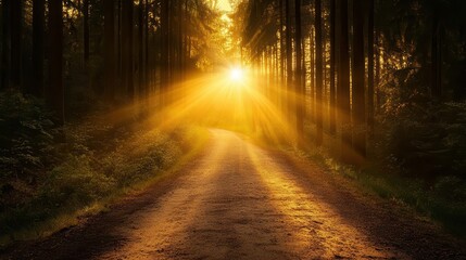Fototapeta premium Radiant golden hour sunbeams illuminating a quiet forest path, natures glowtime, peaceful and inspiring landscape