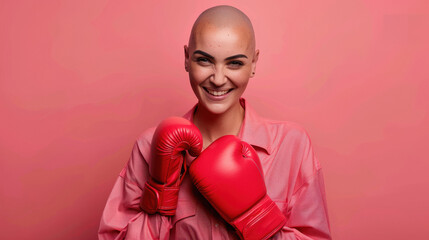 bald beautiful woman wearing pink shirt and smiling with a boxing glove above on pink background.