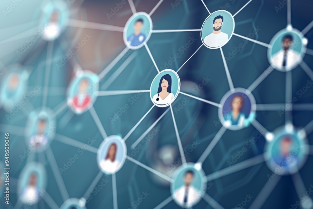 Poster people connecting and interacting on a network of lines conveying information and communication, sho