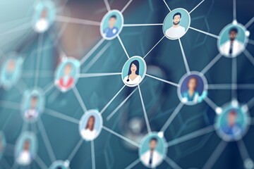 People connecting and interacting on a network of lines conveying information and communication, Show how patient information flows through a network of healthcare providers