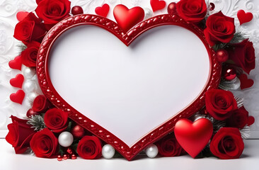 The heart-shaped frame is empty in the middle, decorated with red roses and small hearts along the edges. Template for placing holiday greetings.