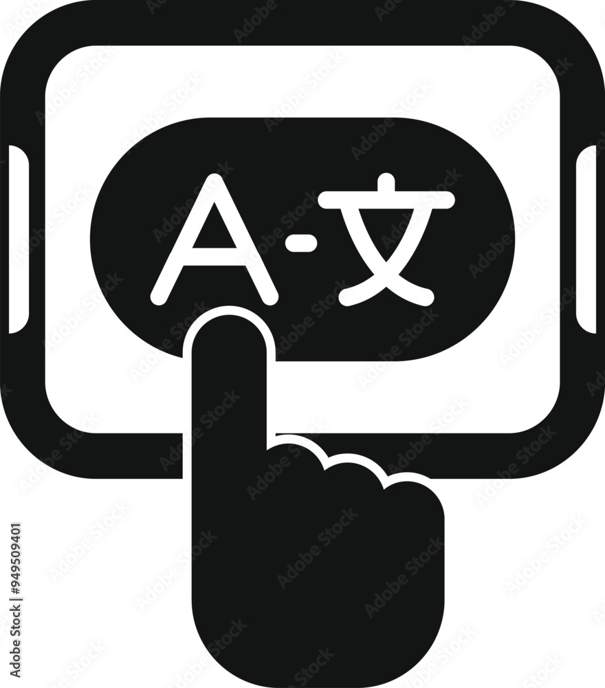 Poster this simple vector icon represents the act of selecting a language on a tablet computer