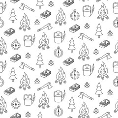 Seamless pattern camping doodle style. Black and white line art. Hand drawn. For textiles, clothes, backgrounds, postcards. Travel, hiking and camping concept. Vector illustration.
