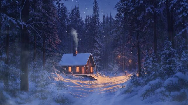 Cozy wooden cabin nestled in a winter fantasy forest with snow-covered trees and magical atmosphere
seamless looping 4k time-lapse virtual video animation background. generated ai