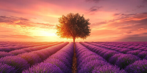 Lavender field with a beautiful tree in the middle of it at sunset, a pink and purple