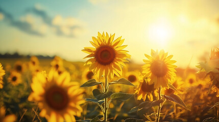 Obraz premium Vibrant, sunny sunflower field, golden blooms, high quality, photorealistic, idyllic::1.1 rural landscape, clear sky, butterflies, peaceful countryside 
