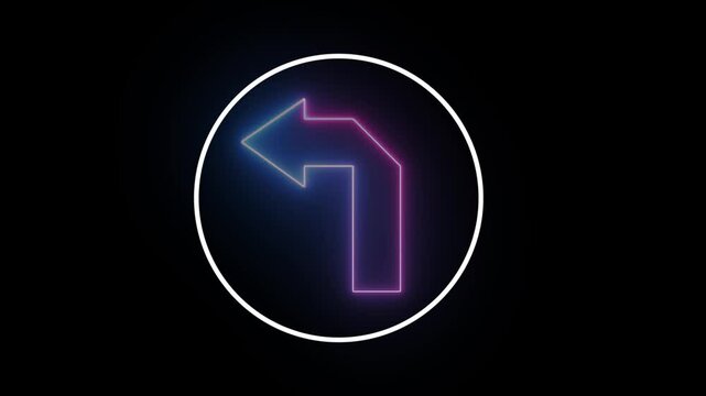 Angle circle left arrow line animation. Black background 4k video. Animated neon tow color arrow on black screen background