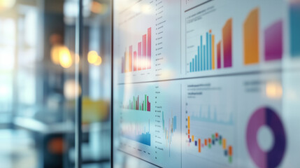 Colorful data charts and graphs displayed on a glass board in a modern office, showcasing business analytics and statistical trends