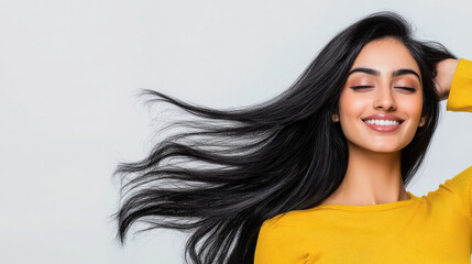 beautiful indian woman with black and shiny hair