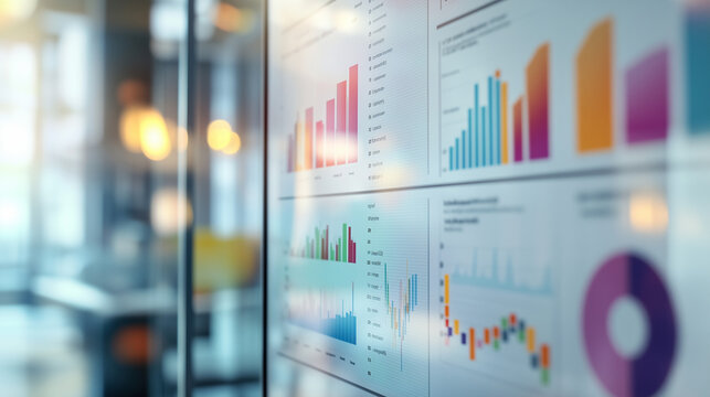 Colorful data charts and graphs displayed on a glass board in a modern office, showcasing business analytics and statistical trends