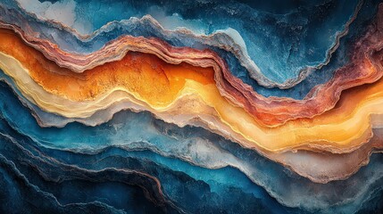  abstract depiction of layered geological formations, with rich shades of blue, orange, and gold, representing the intricate textures and depths of the earth.