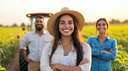 indian farmer couple standing with tractor at agriculture field