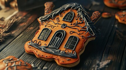 Haunted houseshaped cookie, with eerie icing details, 3D illustration