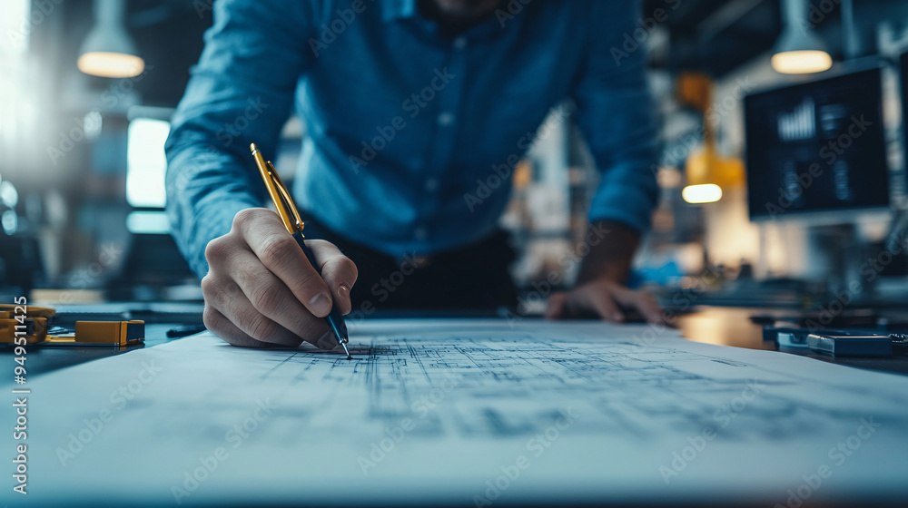 Poster an architect sketches a modern design blueprint on a large paper in a creative workspace filled with