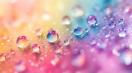  Vibrant water droplets glisten on a rainbow-colored surface, creating a mesmerizing and colorful abstract pattern that is both playful and visually captivating.