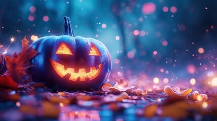 glowing Jack-o'-lantern sits on a bed of autumn leaves, surrounded by magical, glowing lights, capturing the mystical spirit of Halloween night.