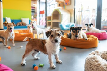 Small Dogs in Pet Daycare Center. Dog hotel  advertisement