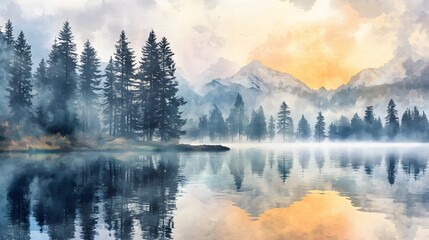 Curtains Misty dawn at mountain lake pine trees reflected in calm water soft watercolor effect