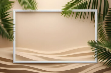 White thin frame on the sand with palm leaves on the sides, free space for text and advertising in the middle. Summer tropical frame in a minimalistic style .