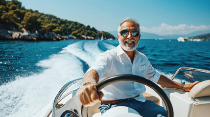 Happy smiling Indian luxury senior old man driving white luxury speedboat or motorboat on sea or ocean water.
