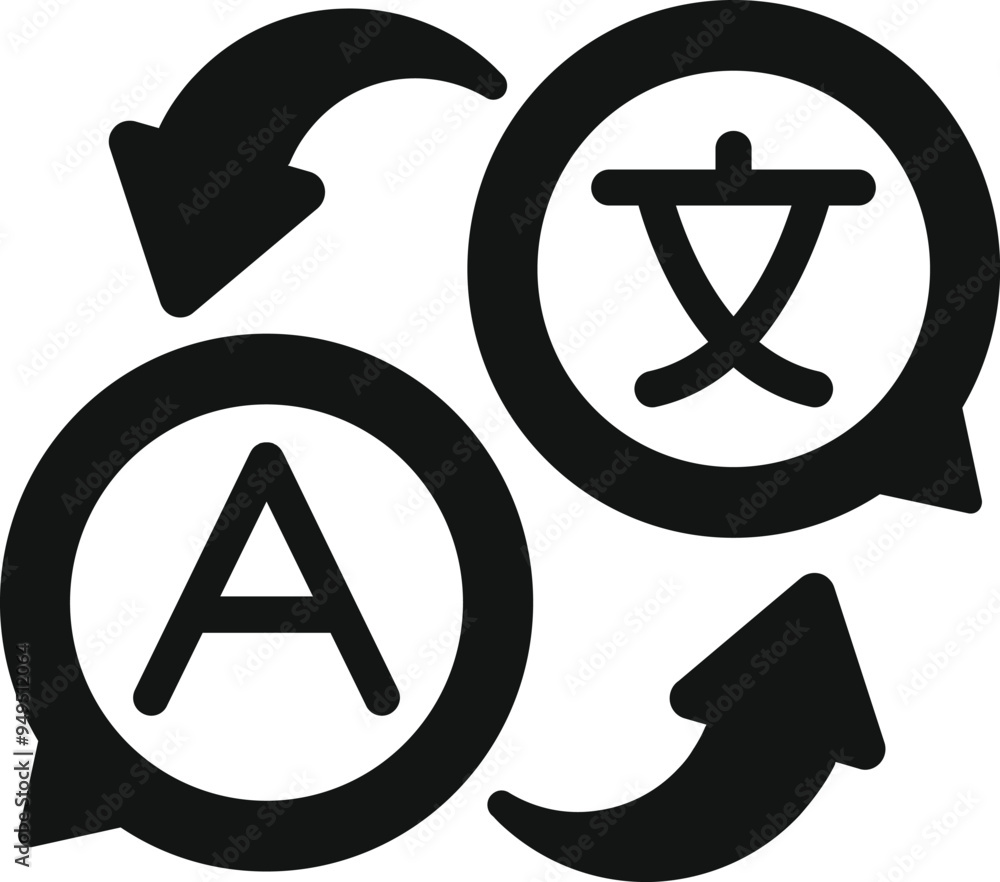 Poster two speech bubbles with arrows translating english letter a to chinese character wen, symbolizing la