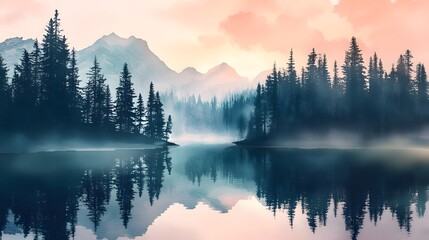 Curtains Serene dawn mist over mountain lake surrounded by pine trees soft watercolor gradients