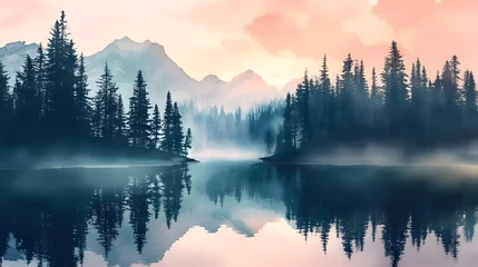 Poster Serene dawn mist over mountain lake surrounded by pine trees soft watercolor gradients