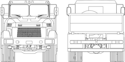 Vector illustration silhouette design of detailed construction truck trailer transport vehicle with open container body for material delivery