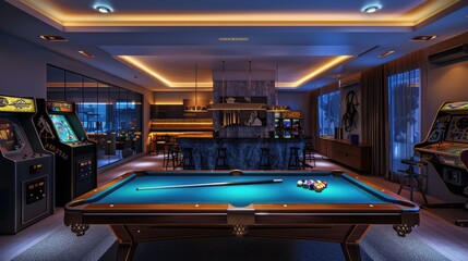 A sophisticated game room with a pool table, vintage arcade machines, modern lighting, and a bar area for entertaining guests.