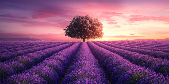 Lavender field with a beautiful tree in the middle of it at sunset, a pink and purple