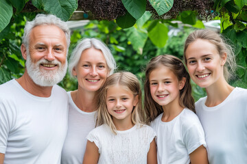 Fototapeta premium A smiling multi-generational family of five, including grandparents and children, posing together in a lush green outdoor setting