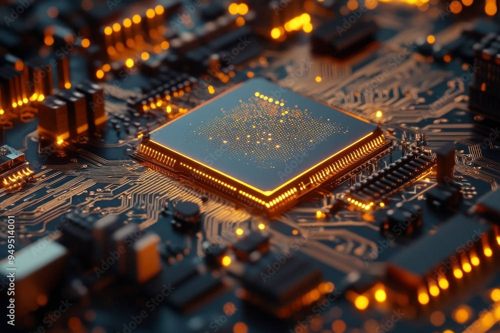 Poster close-up of a glowing cpu chip on a circuit board