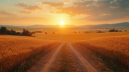 dirt road leads through golden wheat fields toward the setting sun, creating a peaceful rural scene under a warm, glowing sky.