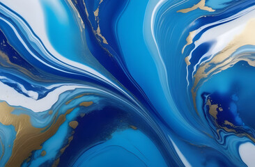 White , blue and gold waves of epoxy resin. A background of smooth lines of different colors, liquid paint or resin.