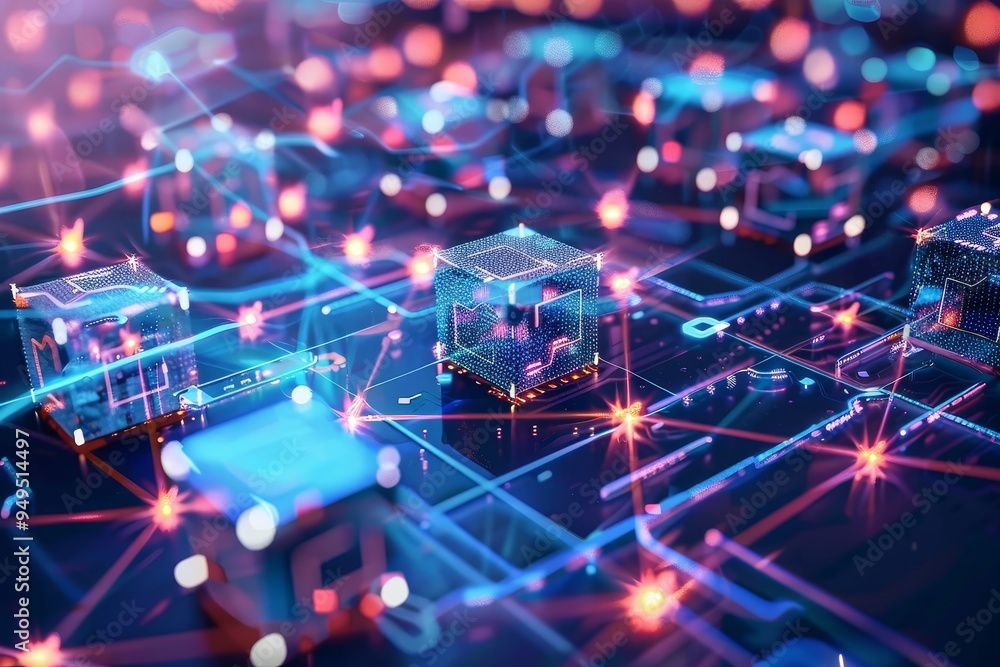 Poster a network of interconnected cubes in an abstract arrangement, show the interconnected network of blo