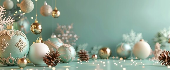 Christmas balls and decorations on a soft mint green background, festive holiday decor, 3D rendering.