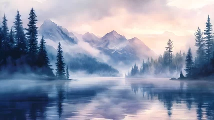 Gordijnen Mistig bos Dawn mist at mountain lake with pine trees soft pastel tones and watercolor style  © Tonadech