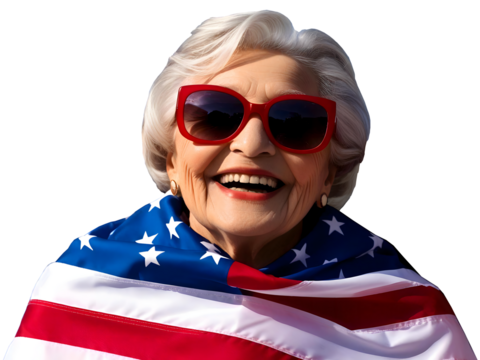 old woman with with big sunglasses smiling, she has an american flag wrapped around her shoulders, she looks happy. 4th of july, America, USA, a happy pensioner, isolated PNG, independence day - Powered by Adobe