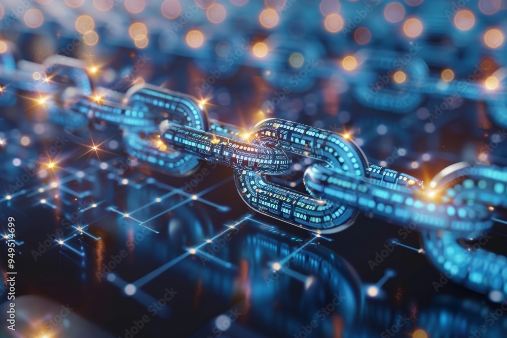 Poster A chain with glowing lights on top, showcasing an interconnected network of blocks, Show the interconnected network of blocks in a blockchain
