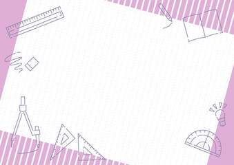 文房具と方眼用紙のポップなフレーム_ピンク
